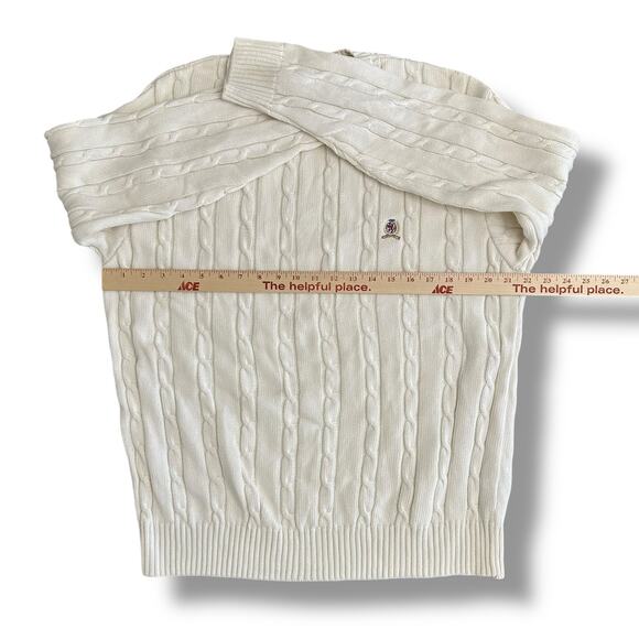Tommy Hilfiger Vintage White Cable Knit Sweater Men’s Medium Crest Logo Pullover - Picture 3 of 8